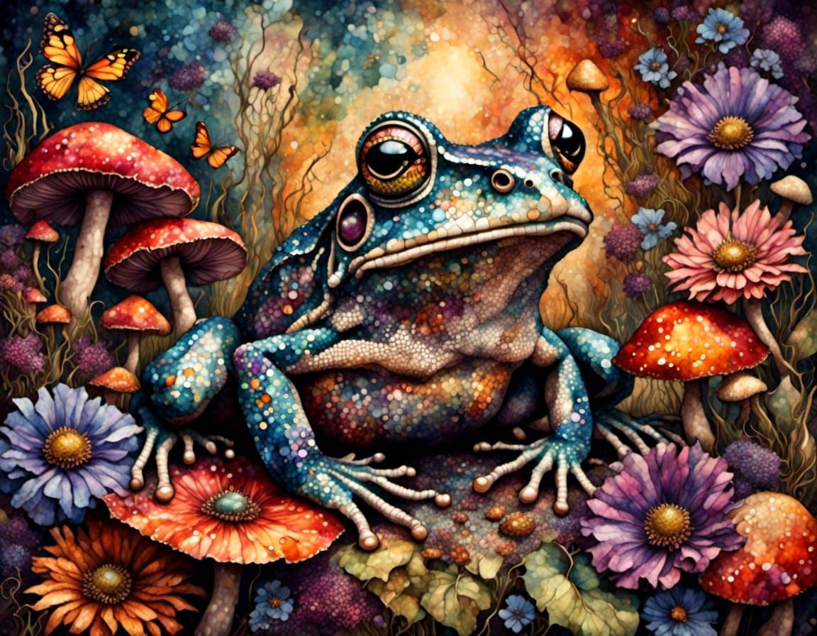 huge frog and mushrooms and flowers  illustration <lora:Tape...