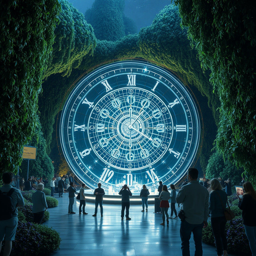 A realistic-fantastic picture of a square surrounded by gree...