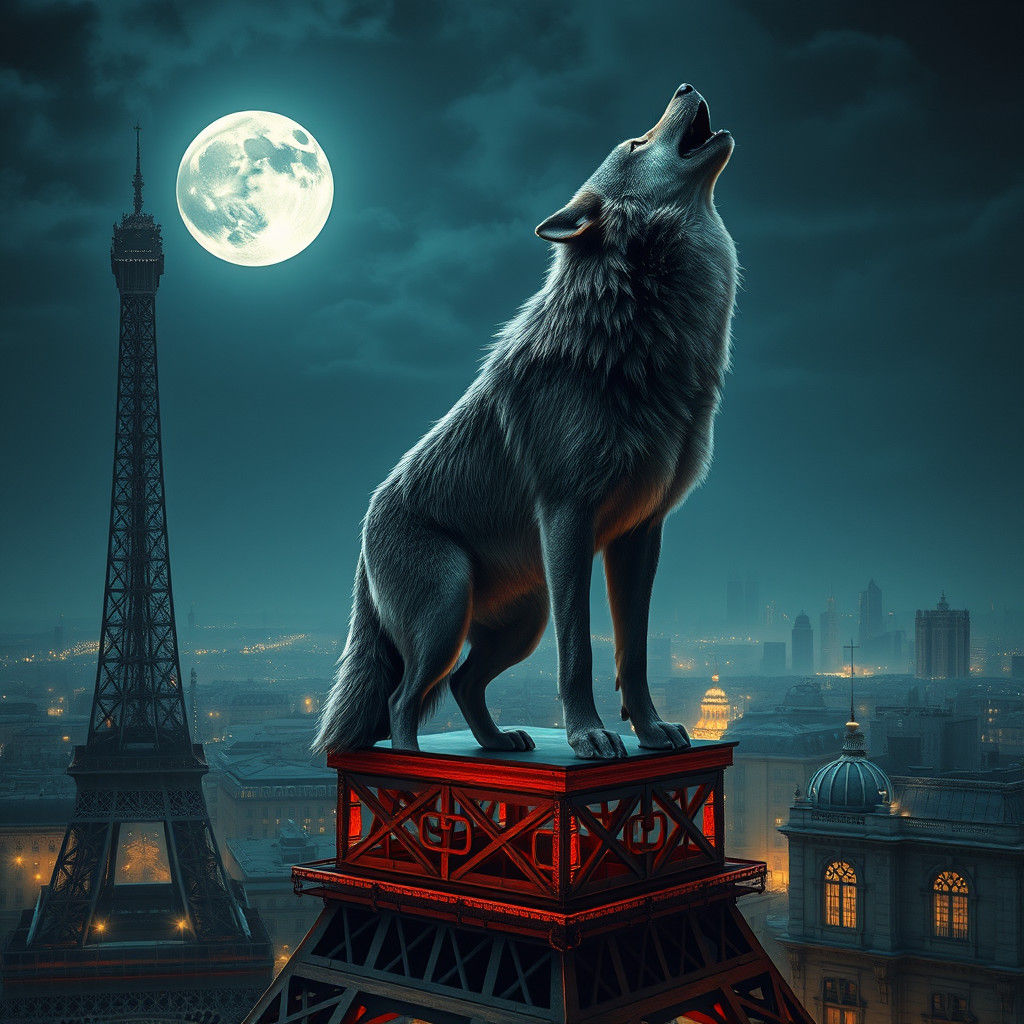 un lobo aullando en la punta de la torre eiffel una noche de...