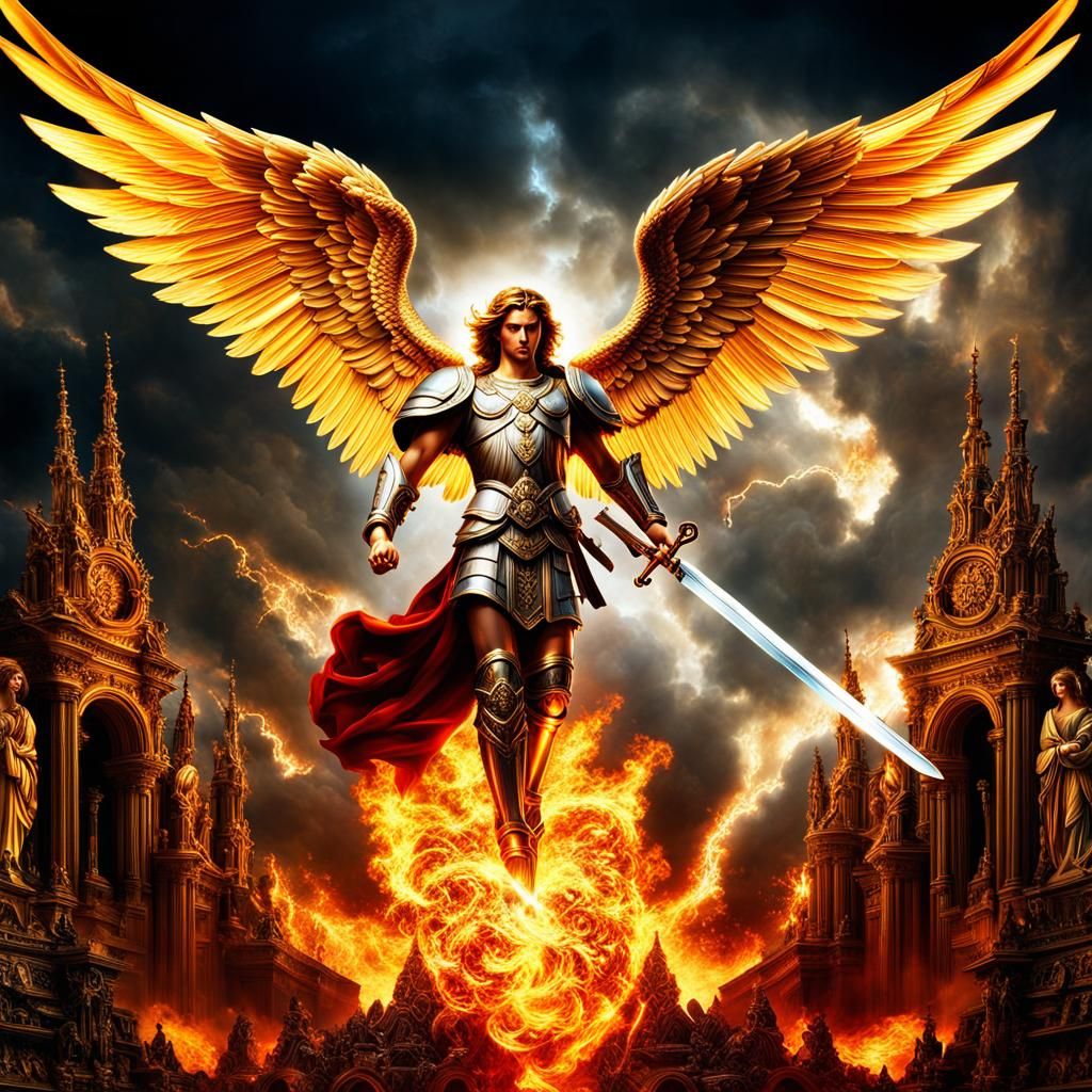 Archangel Michael, fire sword, flying down from above with other Angels ...