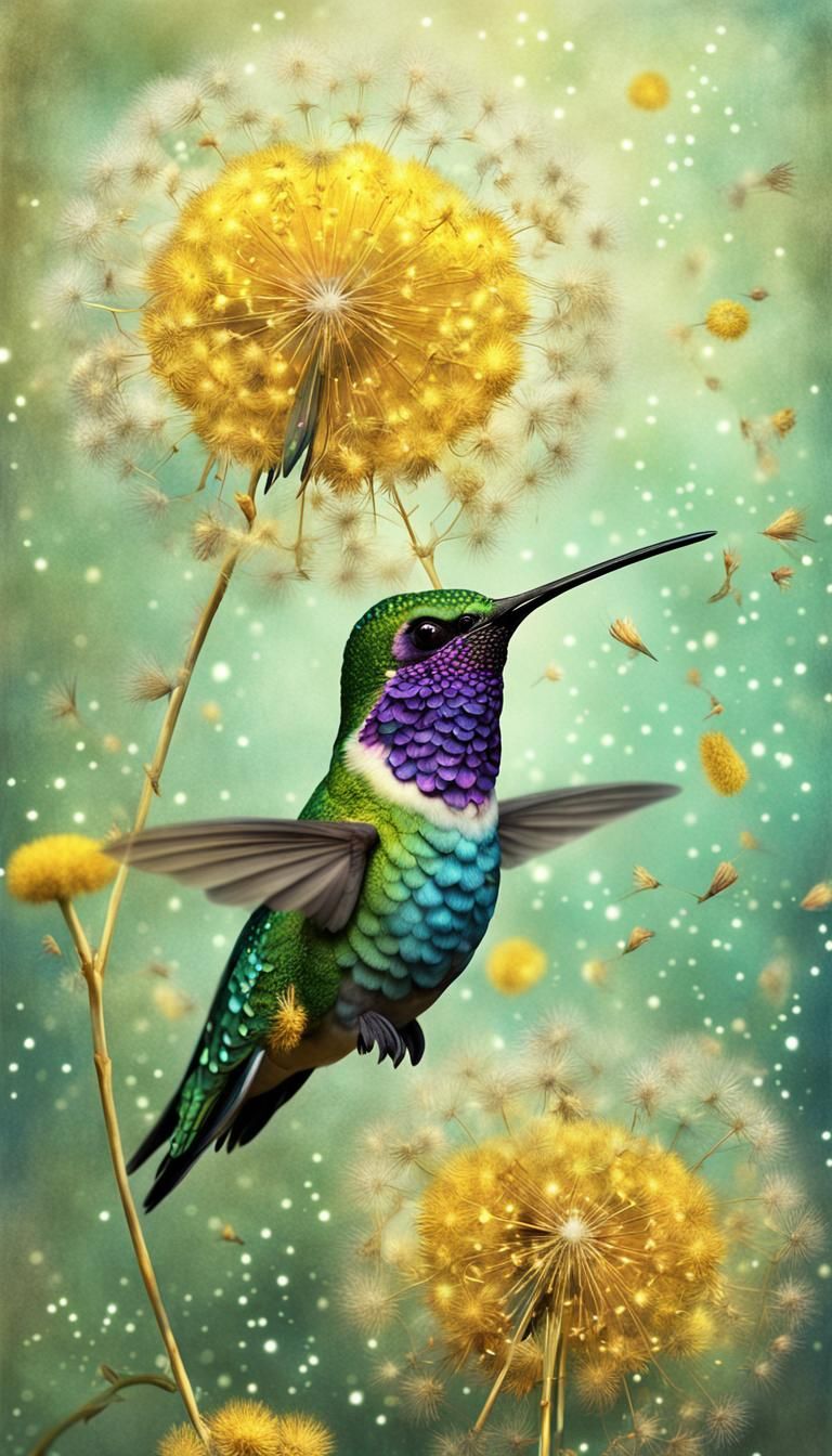 Hummingbird taking dandelions fluffy seeds, magical, bright,  colorful, fairy dust, 3d digital art, ZBrush Central 3D sh...