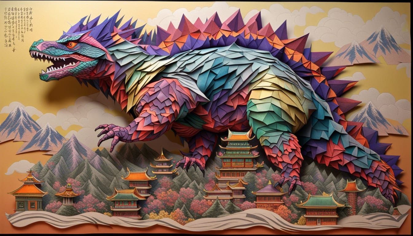 Colorful Origami Godzilla over Japan  by @undefined