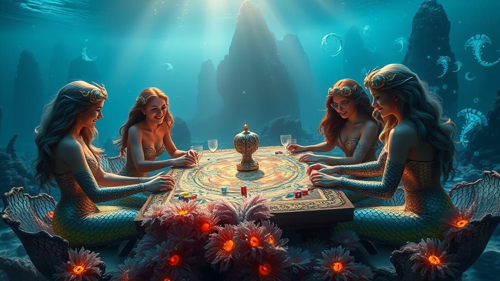 Wide shot of mermaids under the ocean sitting around a table playing the tabletop game Dungeons and Dragons.

Magic, magical, fantasy, fairy...