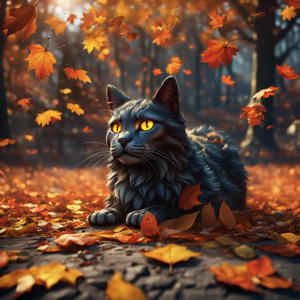 Autumn Cat Leaves: Fantasy Concept Art