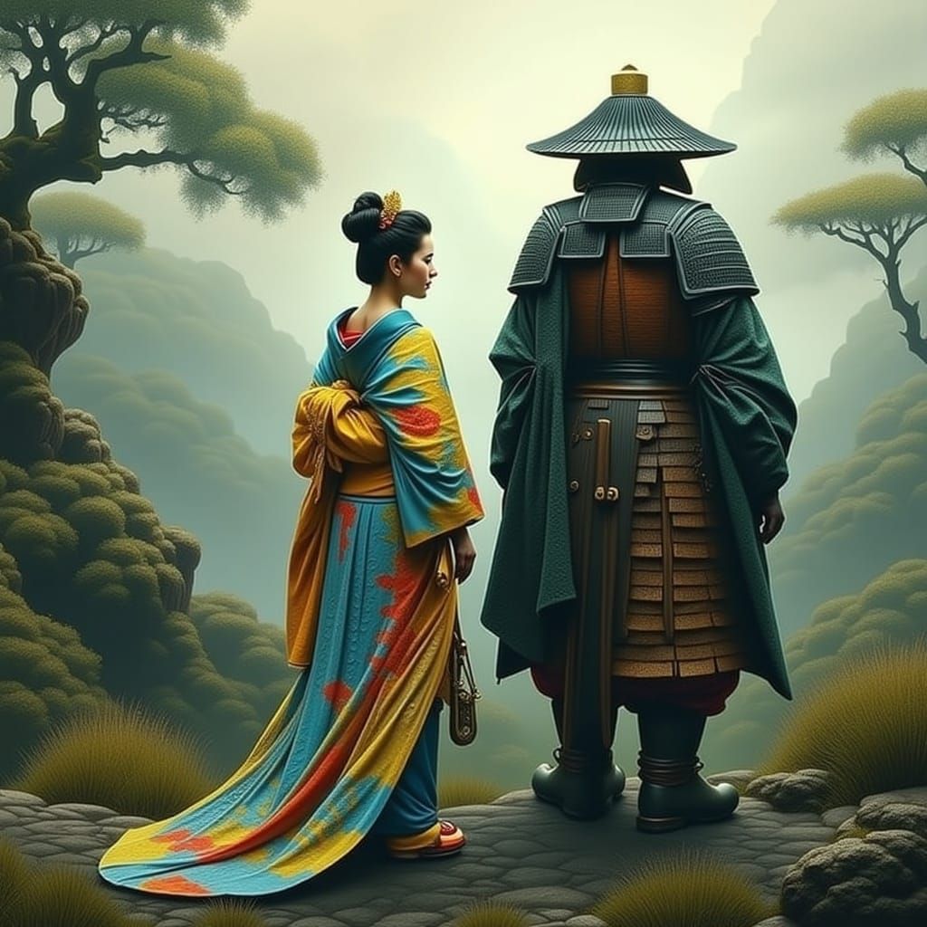  <lora:ScapeB Flux:1.0> mourning geisha and samurai