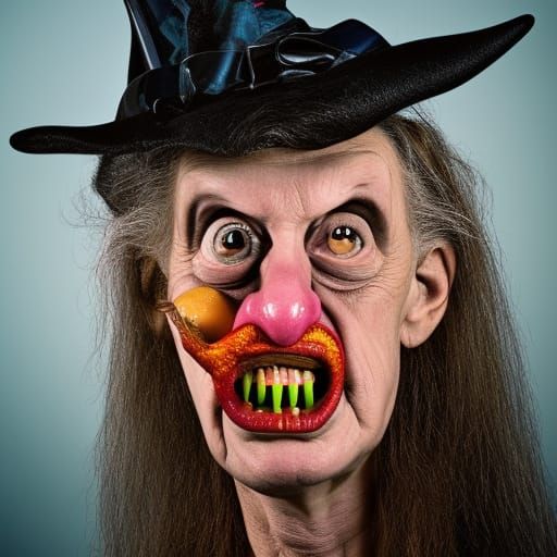 Silly  Ugly looking Witch holding a Broom Stick in a Ed Roth...
