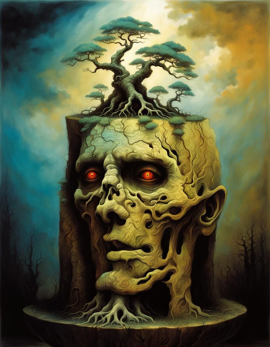 liminal space zombie bonsai tree Zdzisław Beksiński surreali...