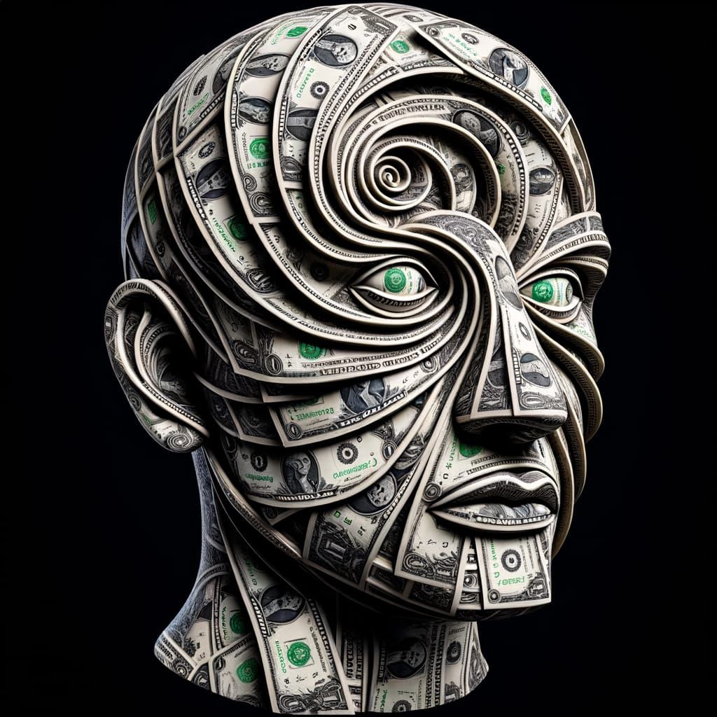 Surreal bust sculpted entirely from dollar bills.
Face morphs into spiraling abstract currency symbols.
Eyeless gaze questions value and fin...