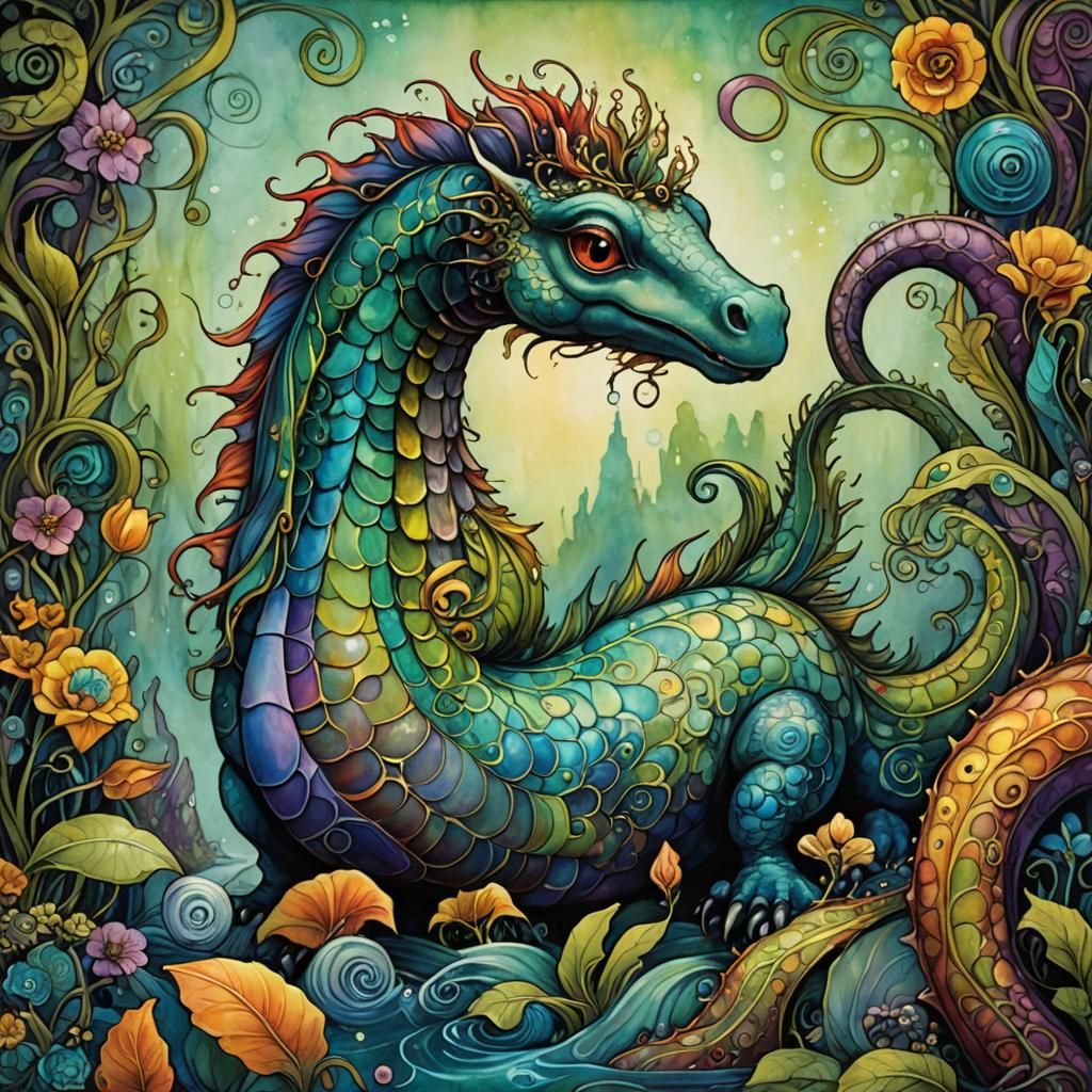 Cute COLORFUL "Nessie" monster :: art nouveau, ethereal, IRIDESCENT, batik, realism, alcohol ink, WHIMSICAL, Artemisia G...