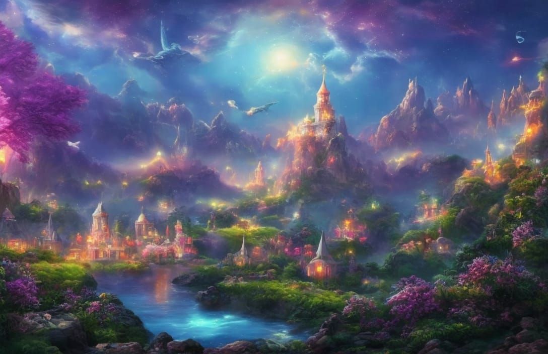 Cosmic Fireworks Over Alien Landscape, Digital Art