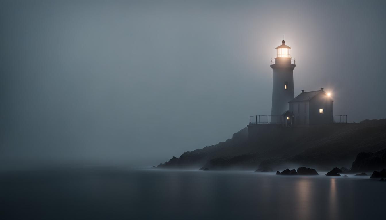 Isolated Lighthouse on a foggy, stormy night with light beam...