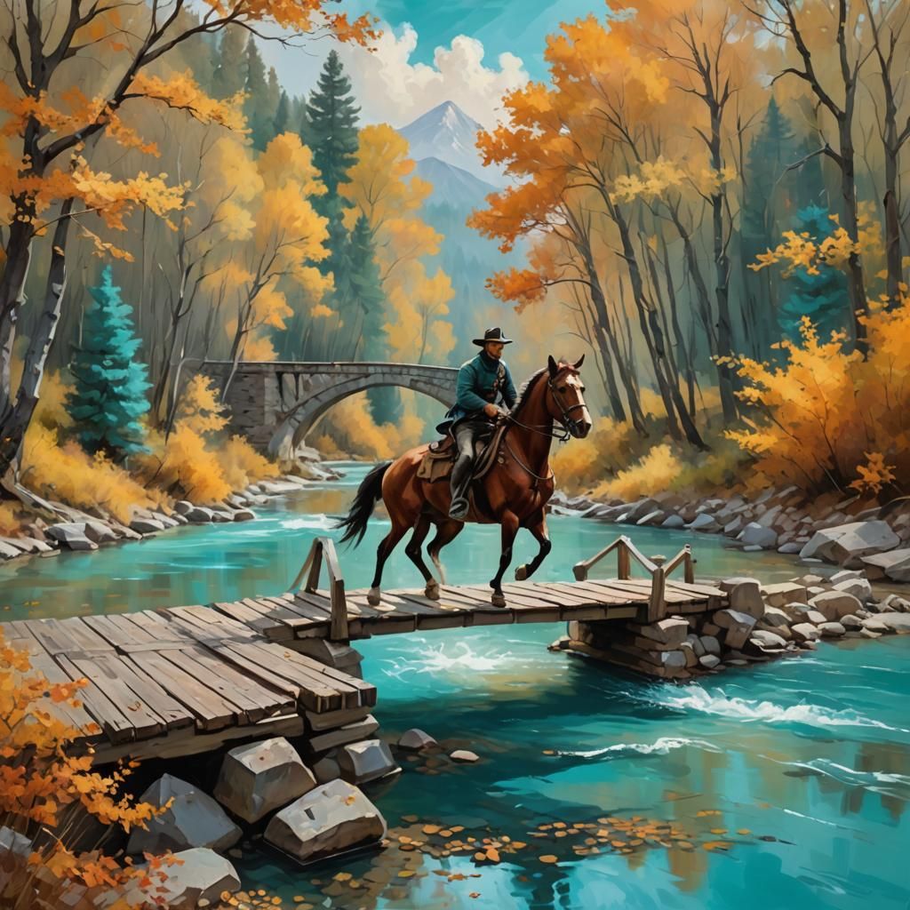 Gallant rider crossing a bridge over a turquoise river with ...