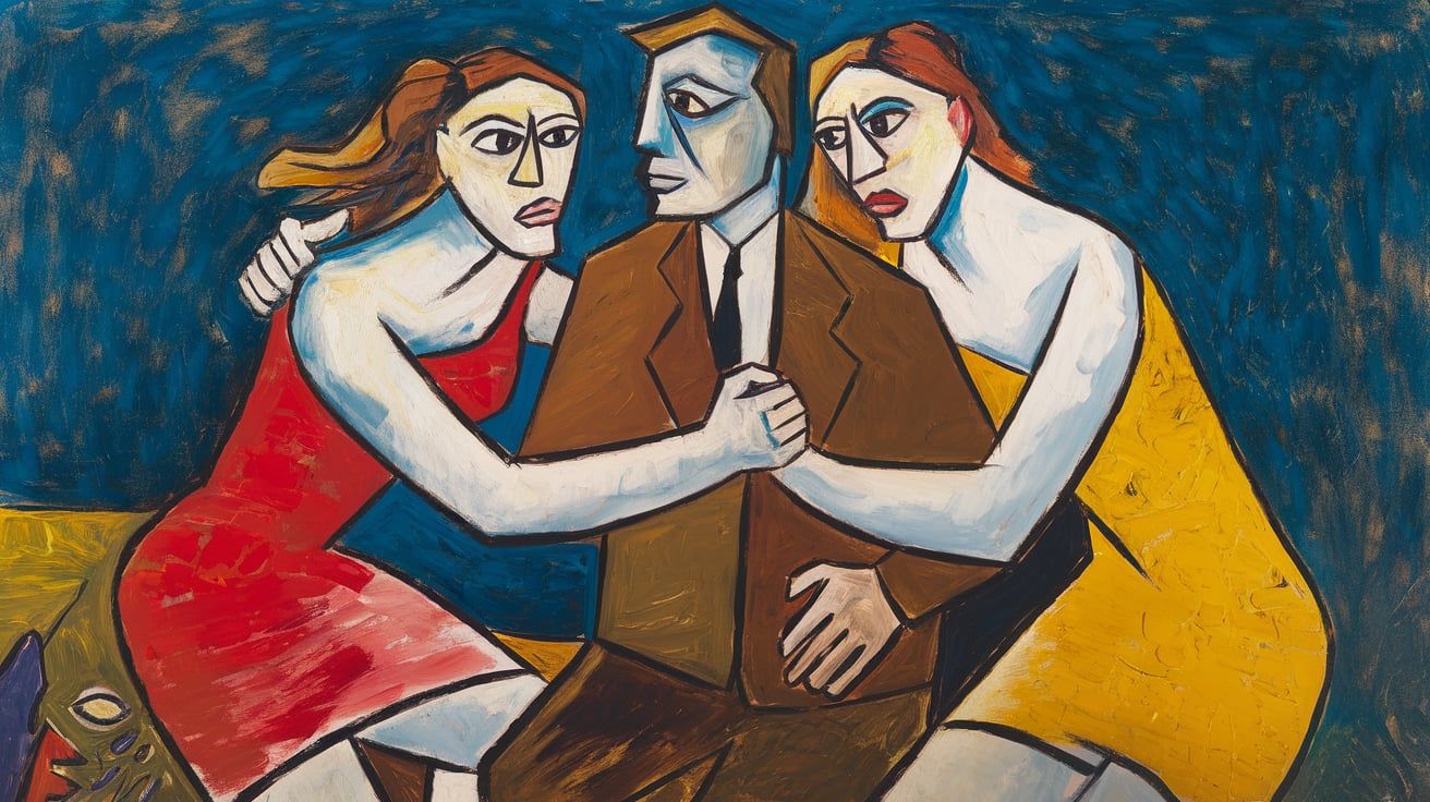 Two women fighting for a man, oil painting