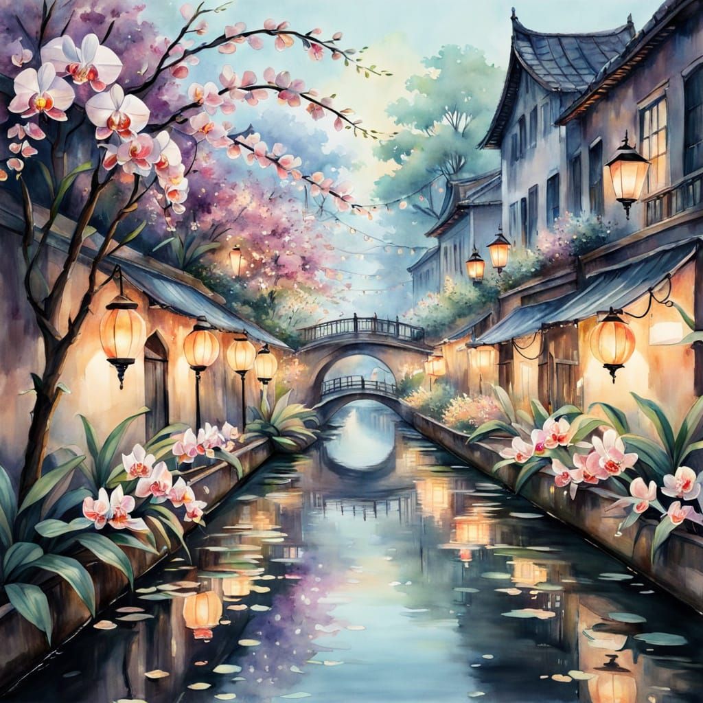A striking picture of a canal illuminated by lanterns, with an overhead canopy of blossoming orchids. This watercolor ar...