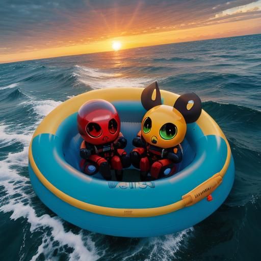 Cute aliens are sitting inside an inflatable life boat. Floa...