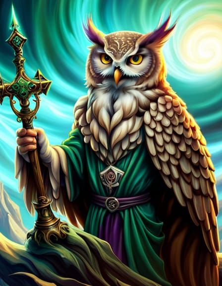 wizard owl with a vine staff fantastic vibrant spellcaster magic ...