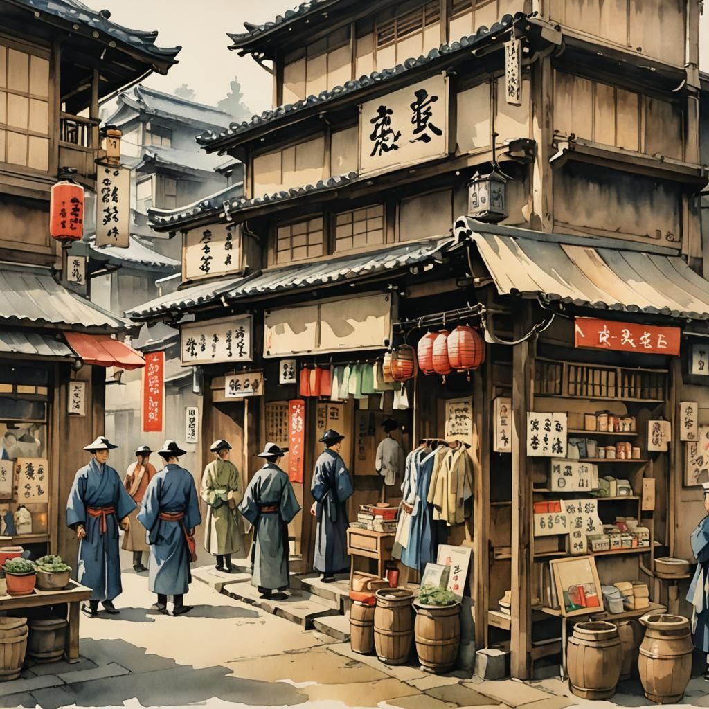 vintage image, shop in old Japan, watercolor, sketchy lines