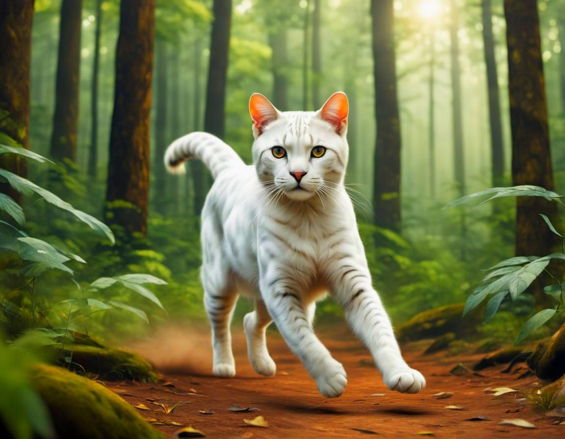 White Cat Gallops in Forest, Hyper Realistic