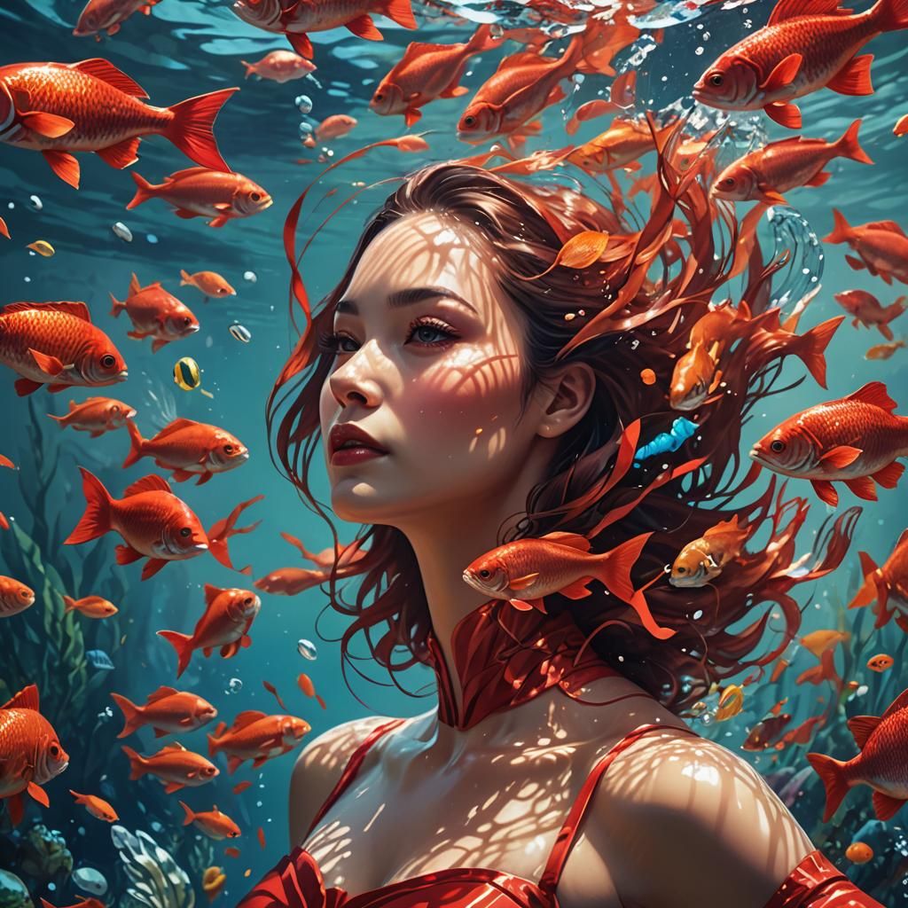 Beautiful lady, red, swim costume, elegant, serene, fish, underwater
  by @Peterthegreat 