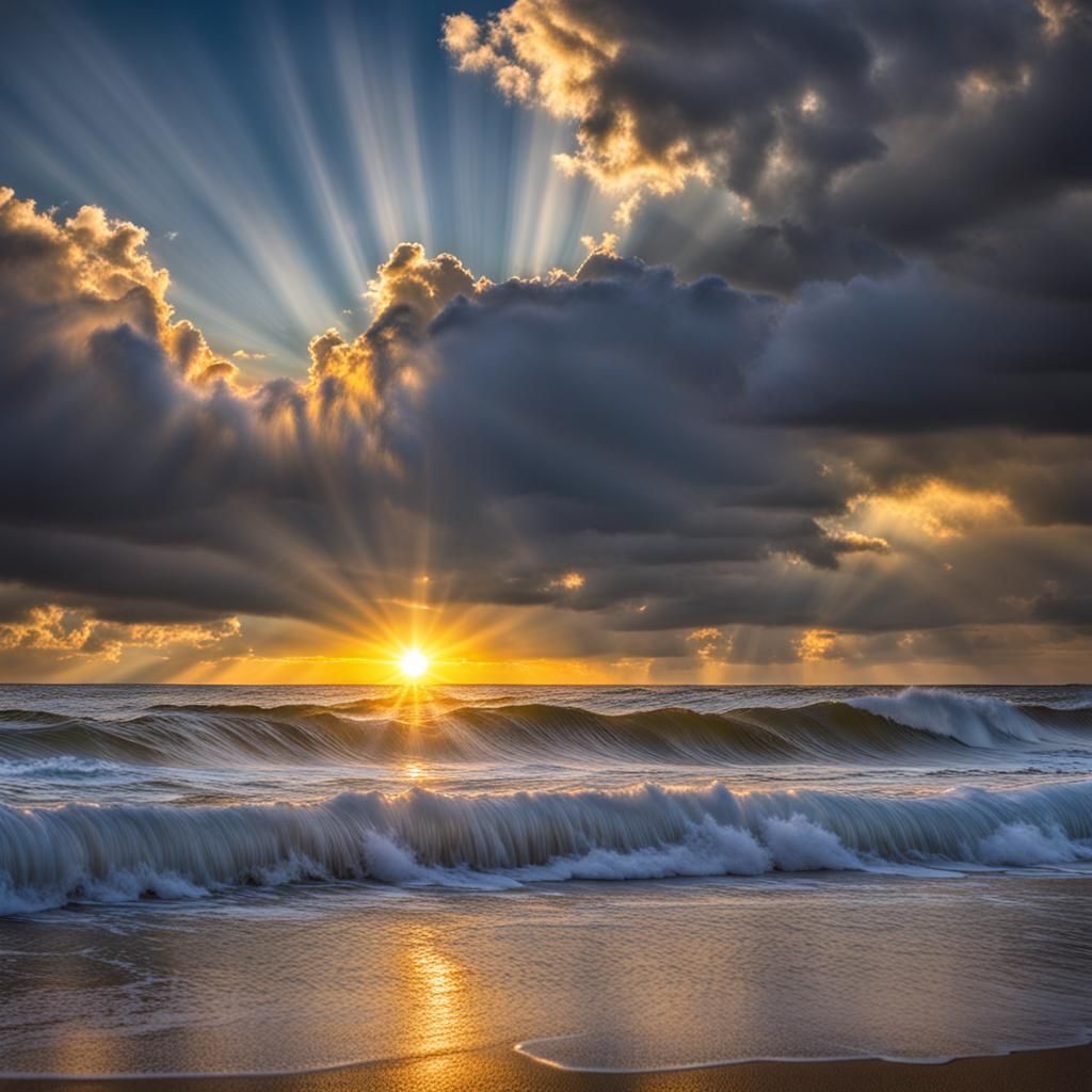 God rays, ocean, beach, waves, sunrise