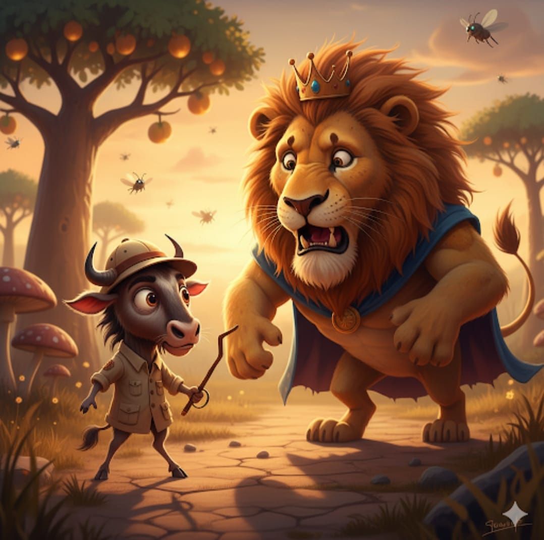 Baby Wildebeest standing up to Lion