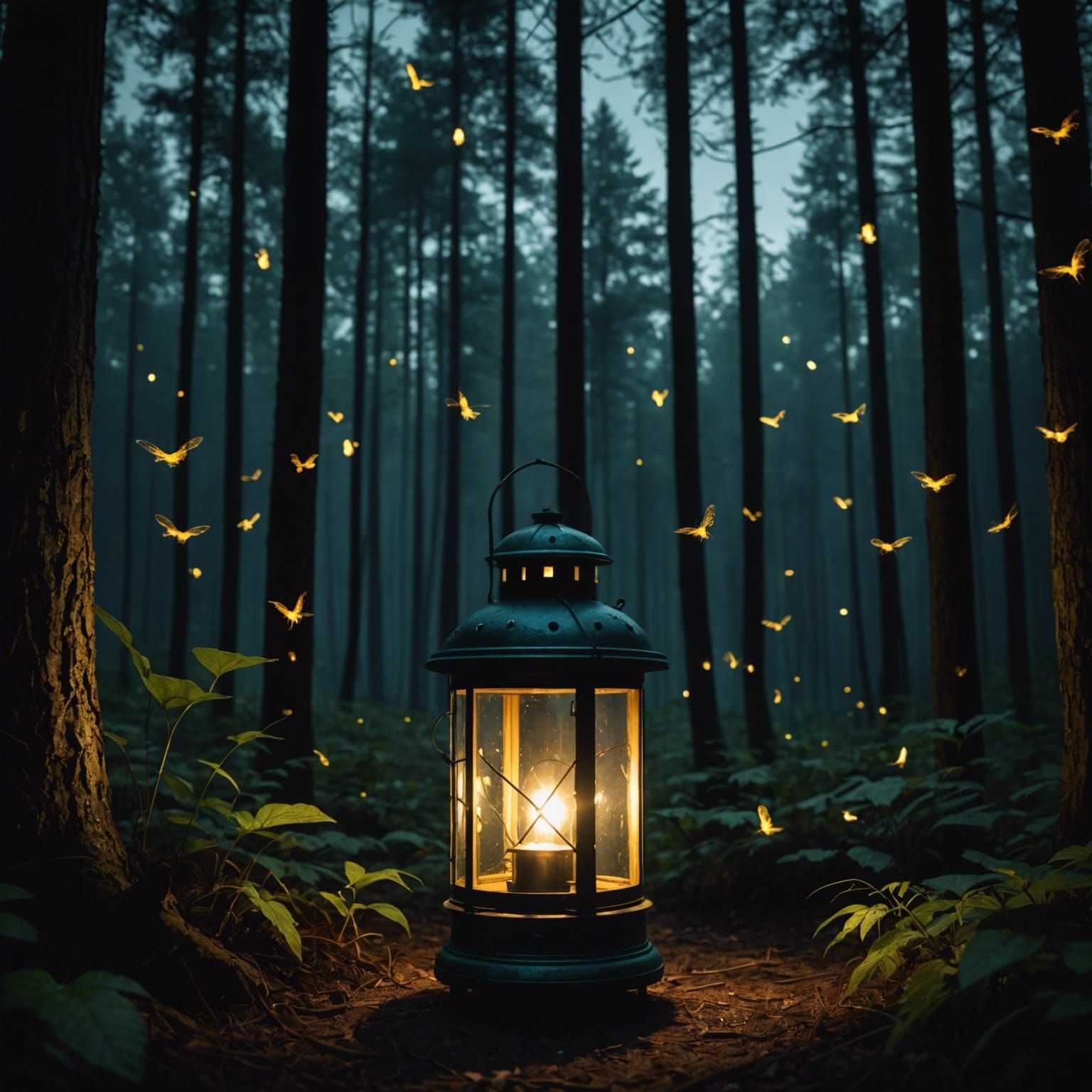 Lantern and fireflies in the nightly forest