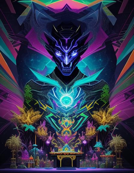 enigmatic demon king sitting on a cosmic altar, a horde of minions in front of then, enchanted garden filled with unusual creatures