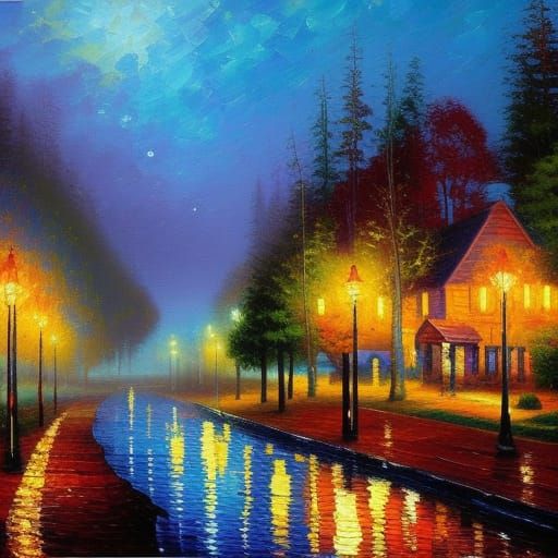 summer night neo-impressionism expressionist style oil paint...