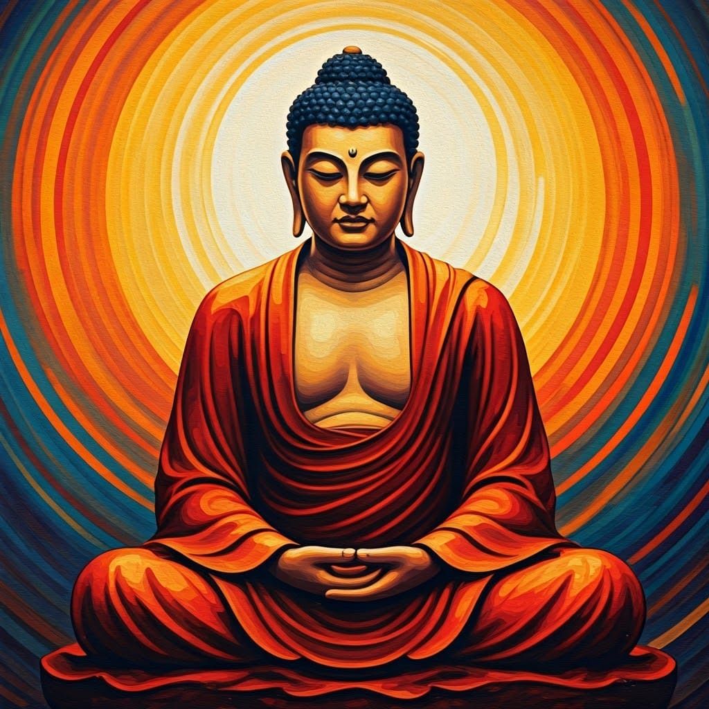 Serenely Contemplative Buddha in Cosmic Crimson