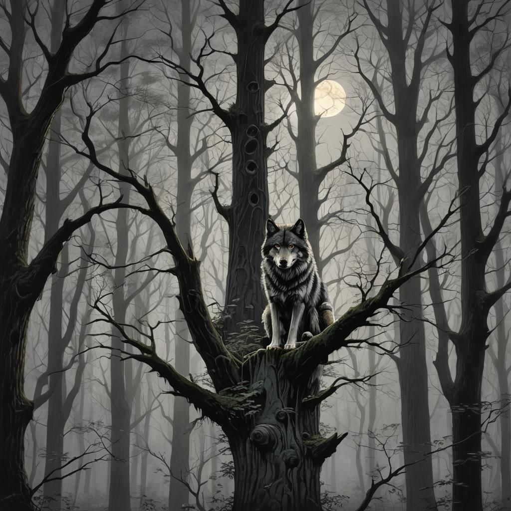 "In the quiet solitude of a moonlit forest, ancient trees st...