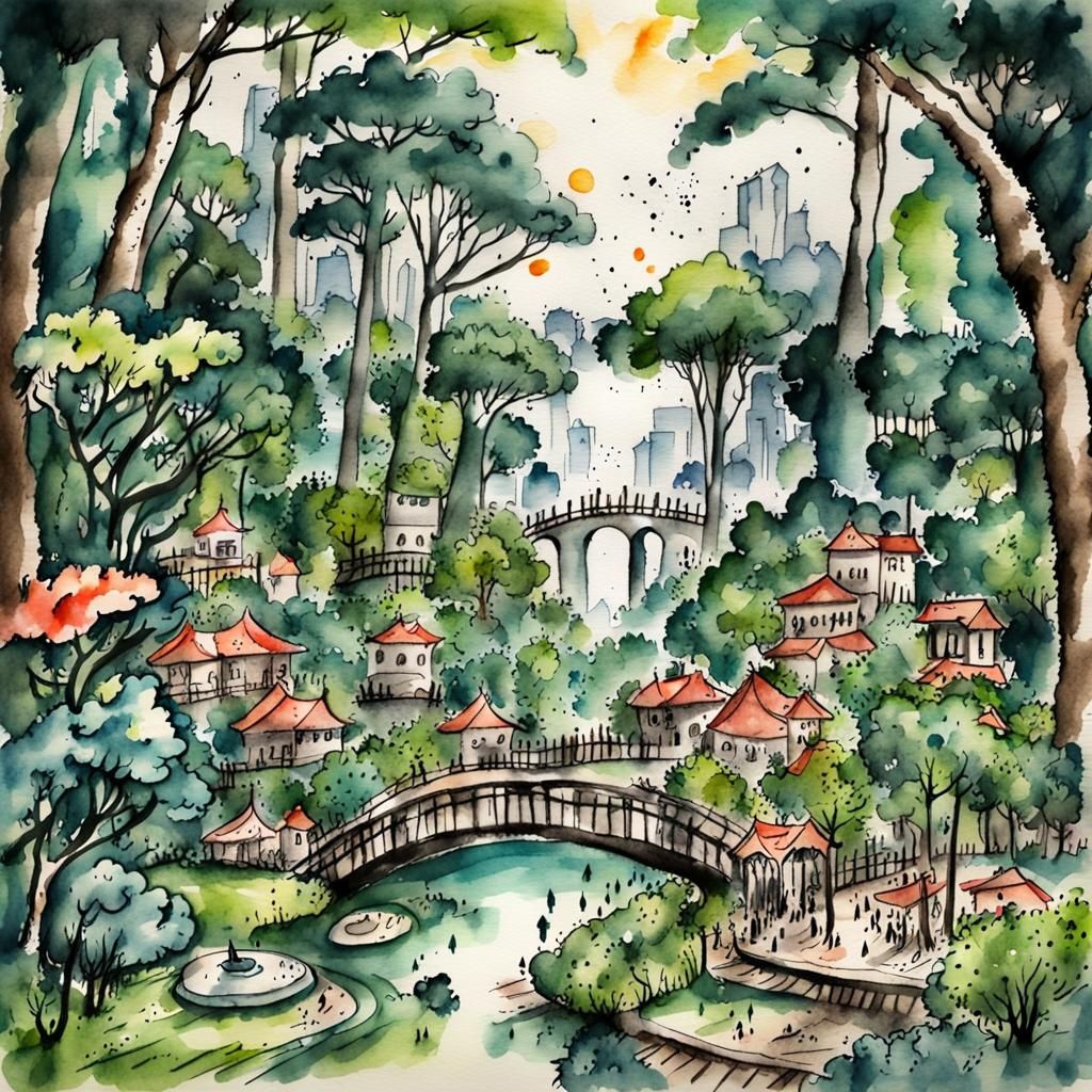 ink drawing + rainforest + watercolor + sketch + natural + u...