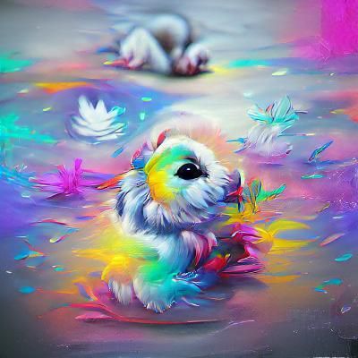 Little puppy surrounded by white feathers colourful detailed...