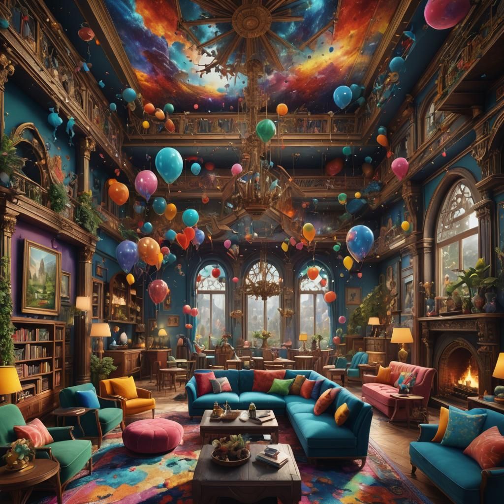 many people have fun in living room, colorful,