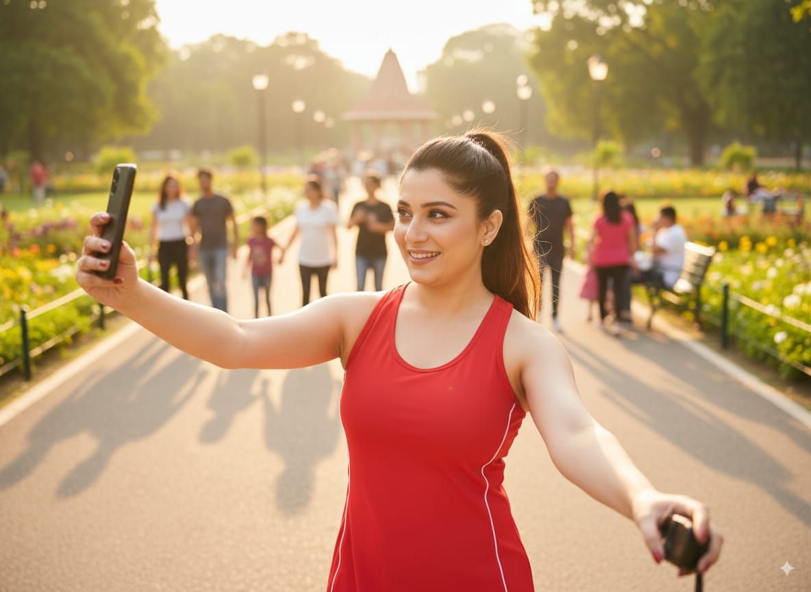 Vlogger Girl in red one piece dress
