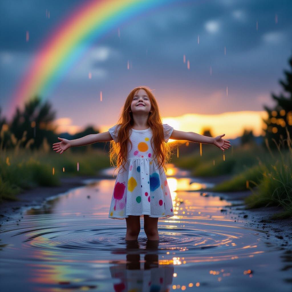 Ein kleines Mädchen steht mit ausgebreiteten Armen in einer Pfütze aus buntem Wasser. Es hat langes Rotes ...  by @BlueTaco