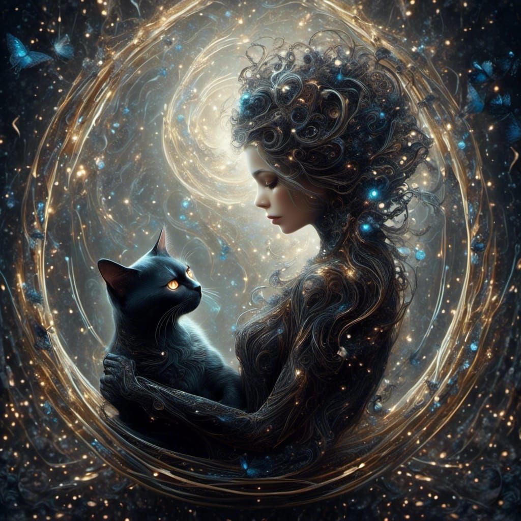 Mystical Woman and Cat in Light Tracing Style