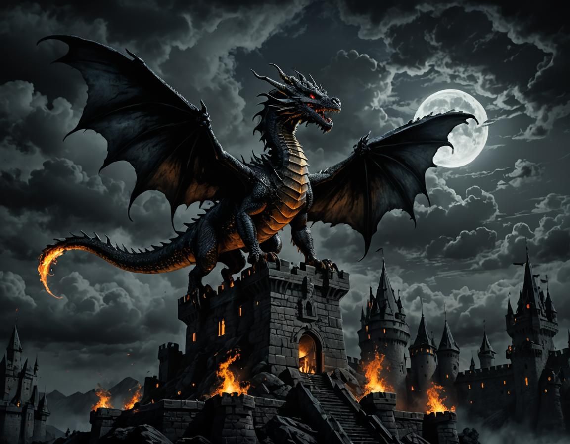 Dragon Silhouette Over Dark Castle