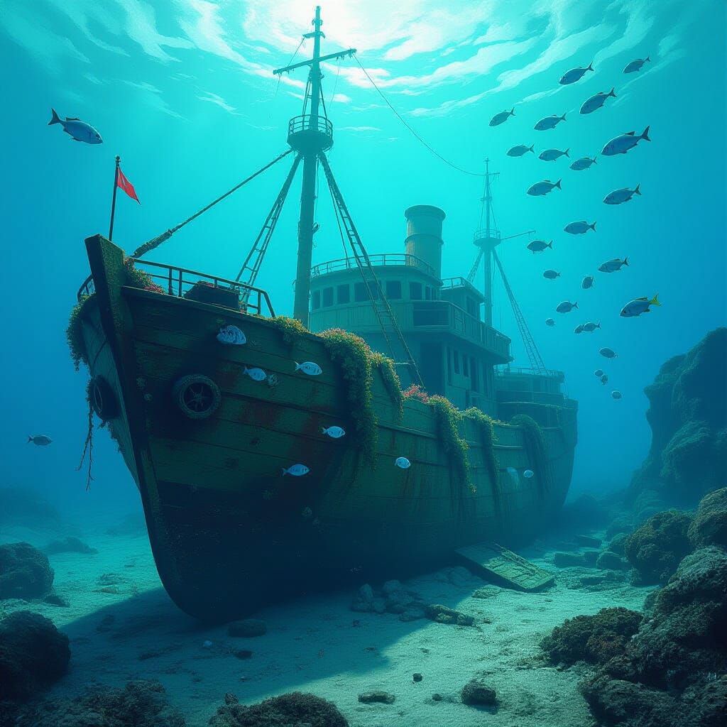 Ocean Shipwreck Art with Coral and Vines