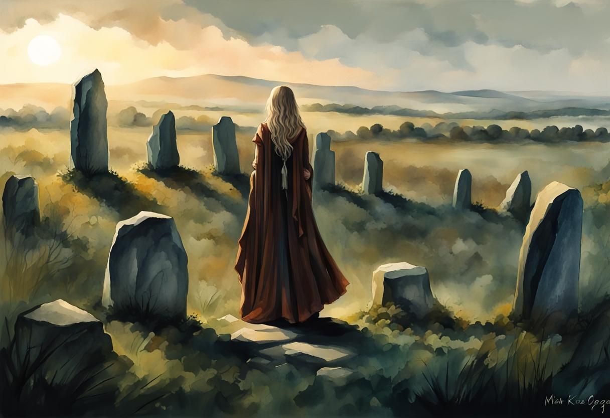 Female druid in a circle of standing stones, Two millennia a...
