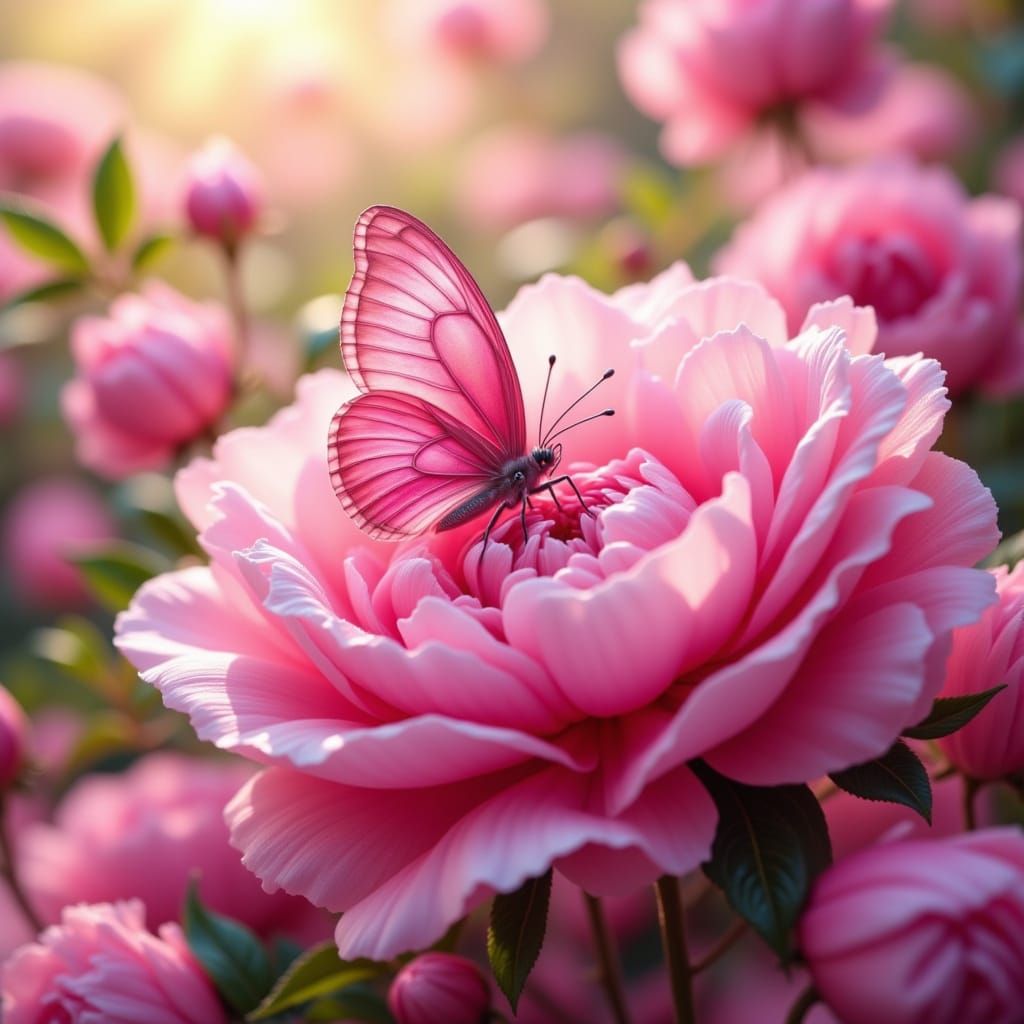Ethereal Pink Peonies & Butterfly Macro Photo