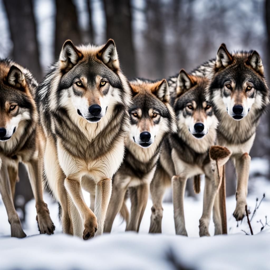 Wolf pack, hyperrealistic, sharp focus, 64 megapixels, perfect composition, high contrast