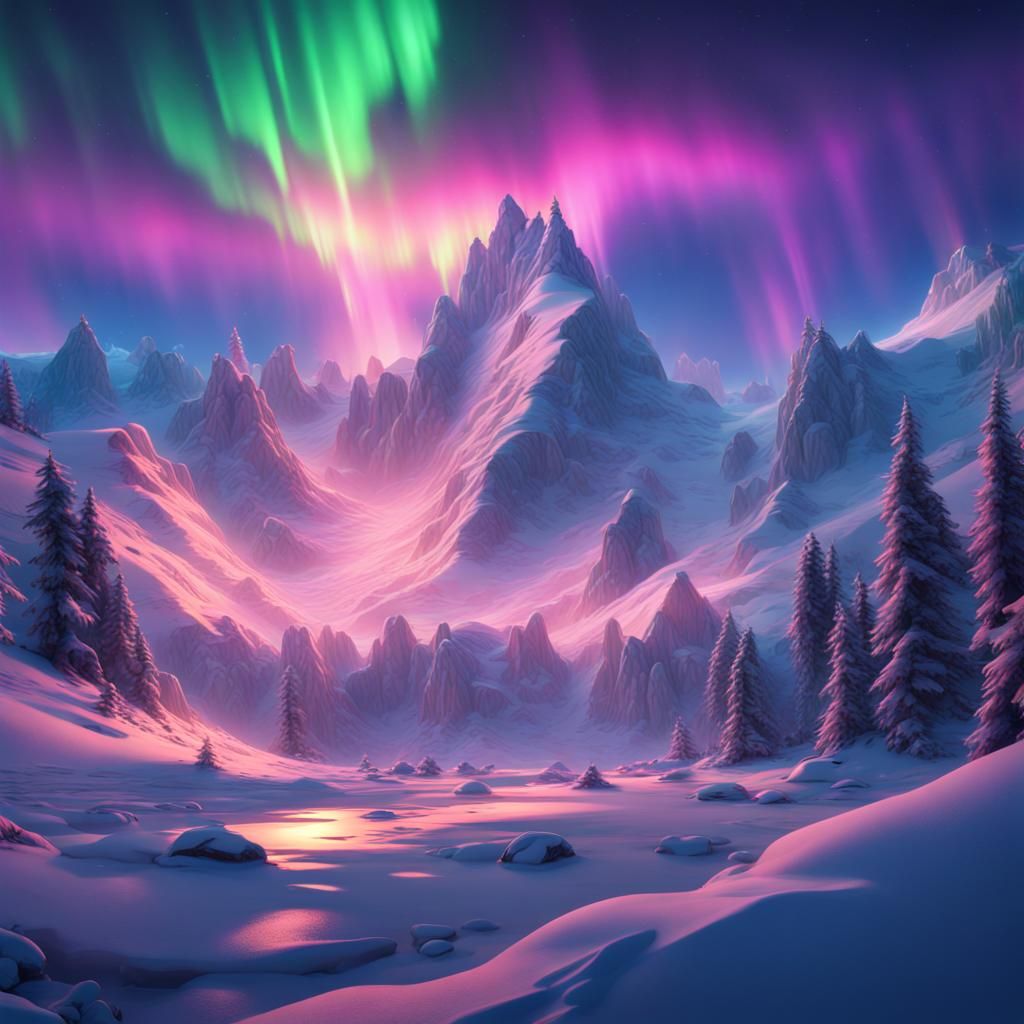 Fluorescent bright colours northern lights glistening in the snowy peaks   by @Just keep swimming 