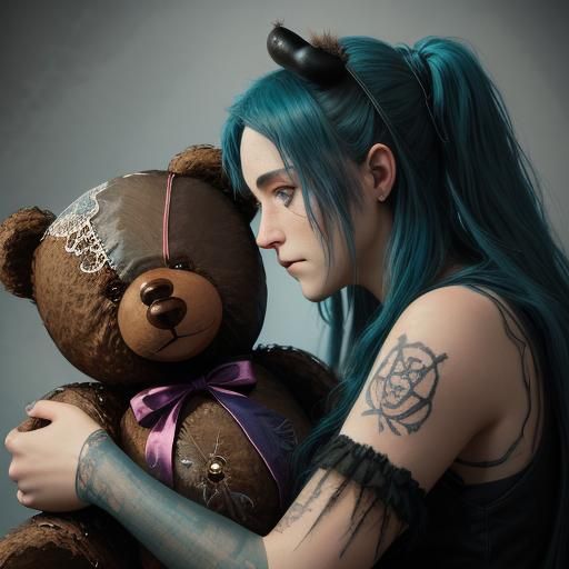 Gothic Girl Cuddles Teddy Bear: Hyperrealistic 3D Render