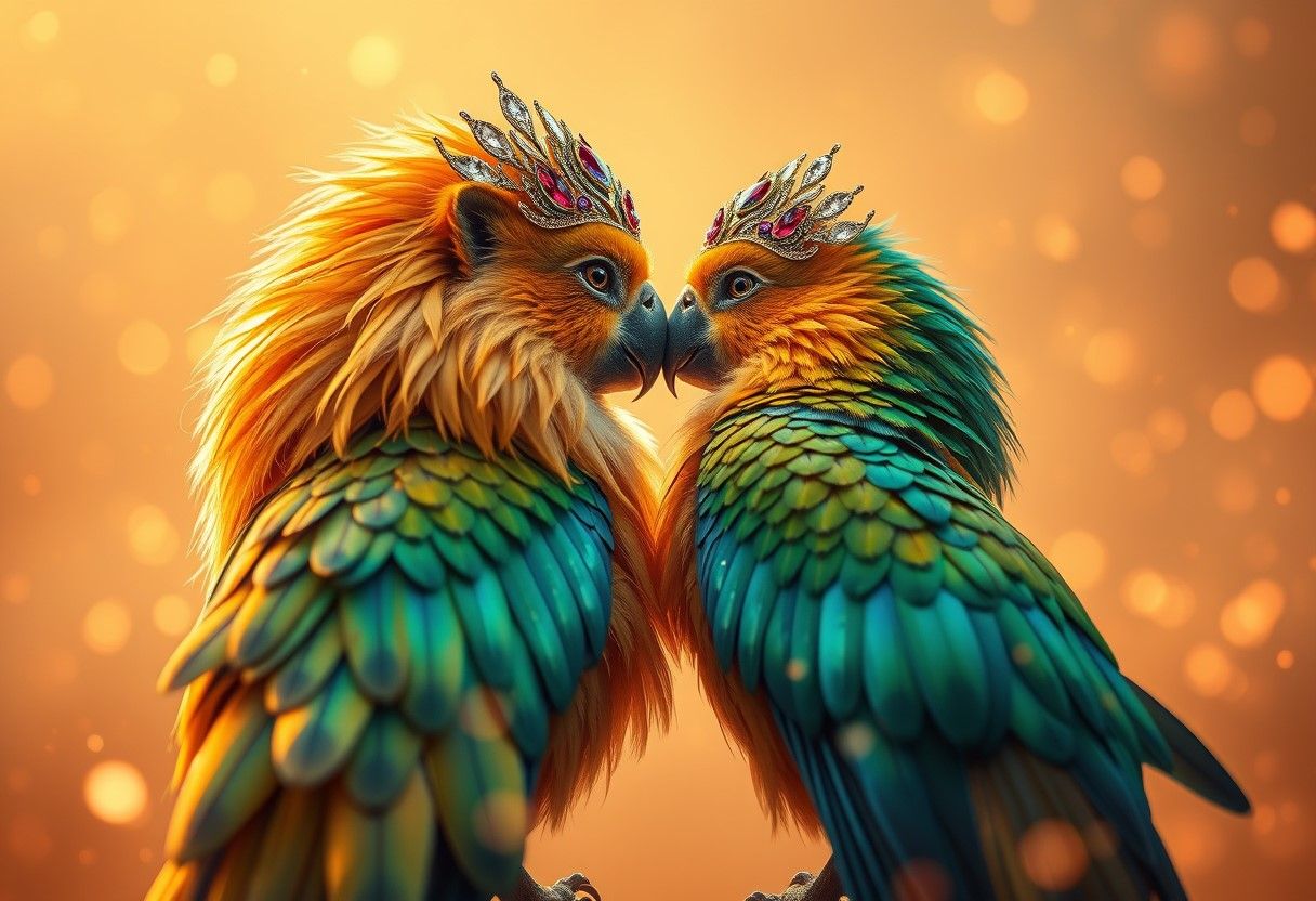 Fantasy lovebirds with flowing tail feathers and jeweled headpieces, soft glowing background filled with sparkles and wa...