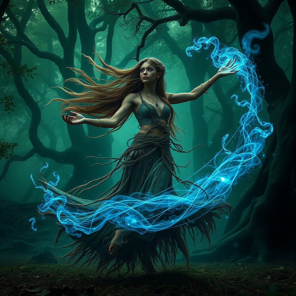 A woman dressed in earthly, magic attire. She is dancing in ...
