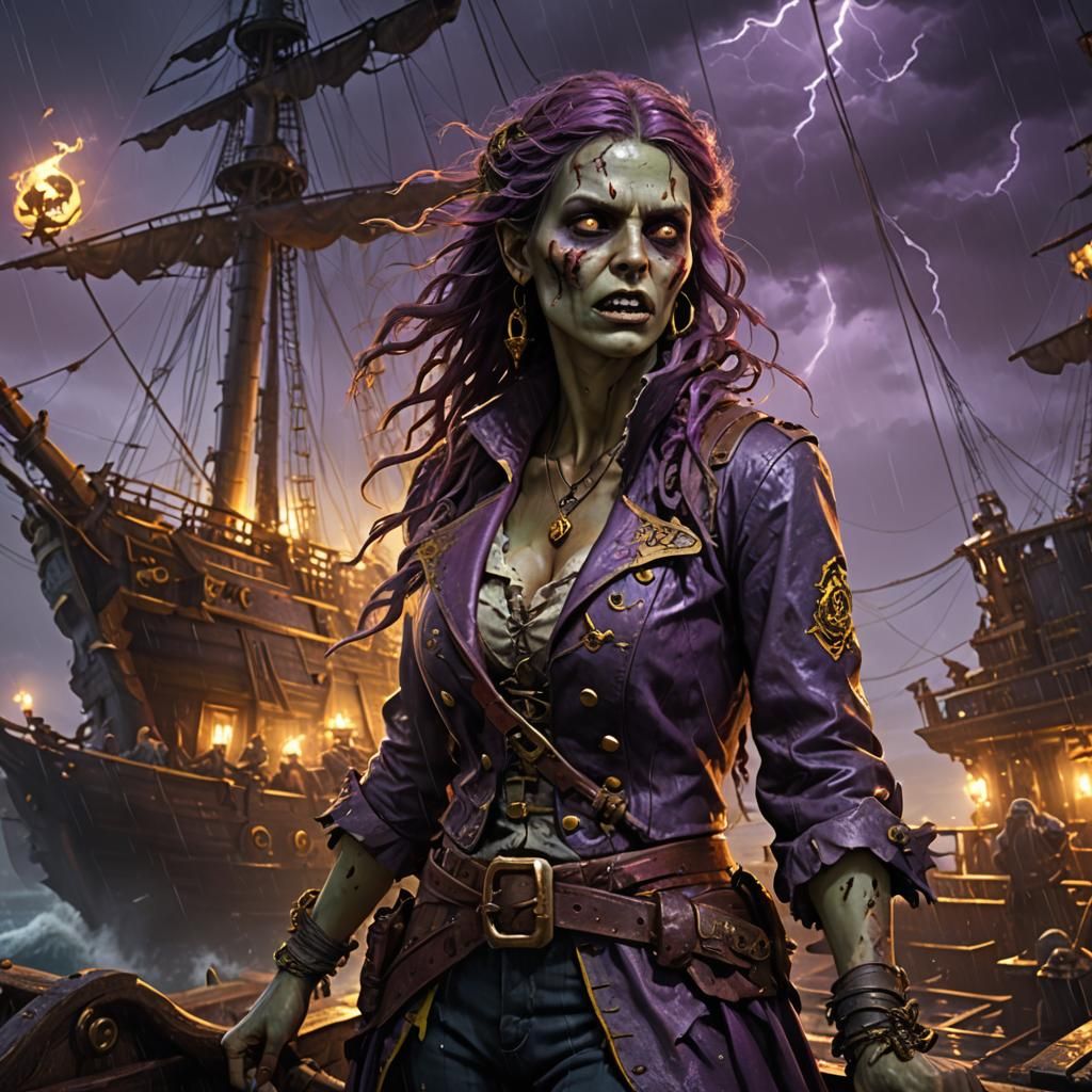 female Zombie on a pirate ship in a lightening storm