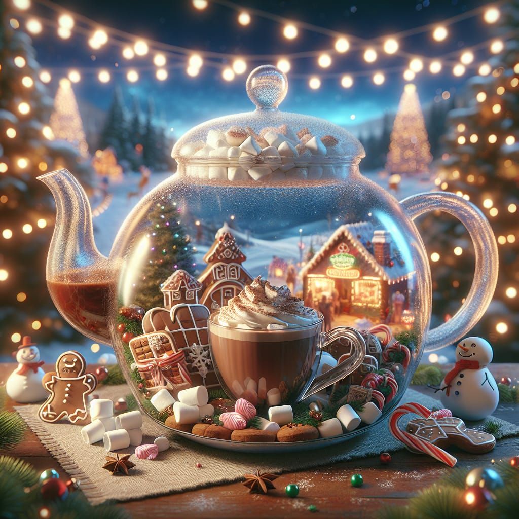 big glassy transparent teapot in the foreground, inside the ...