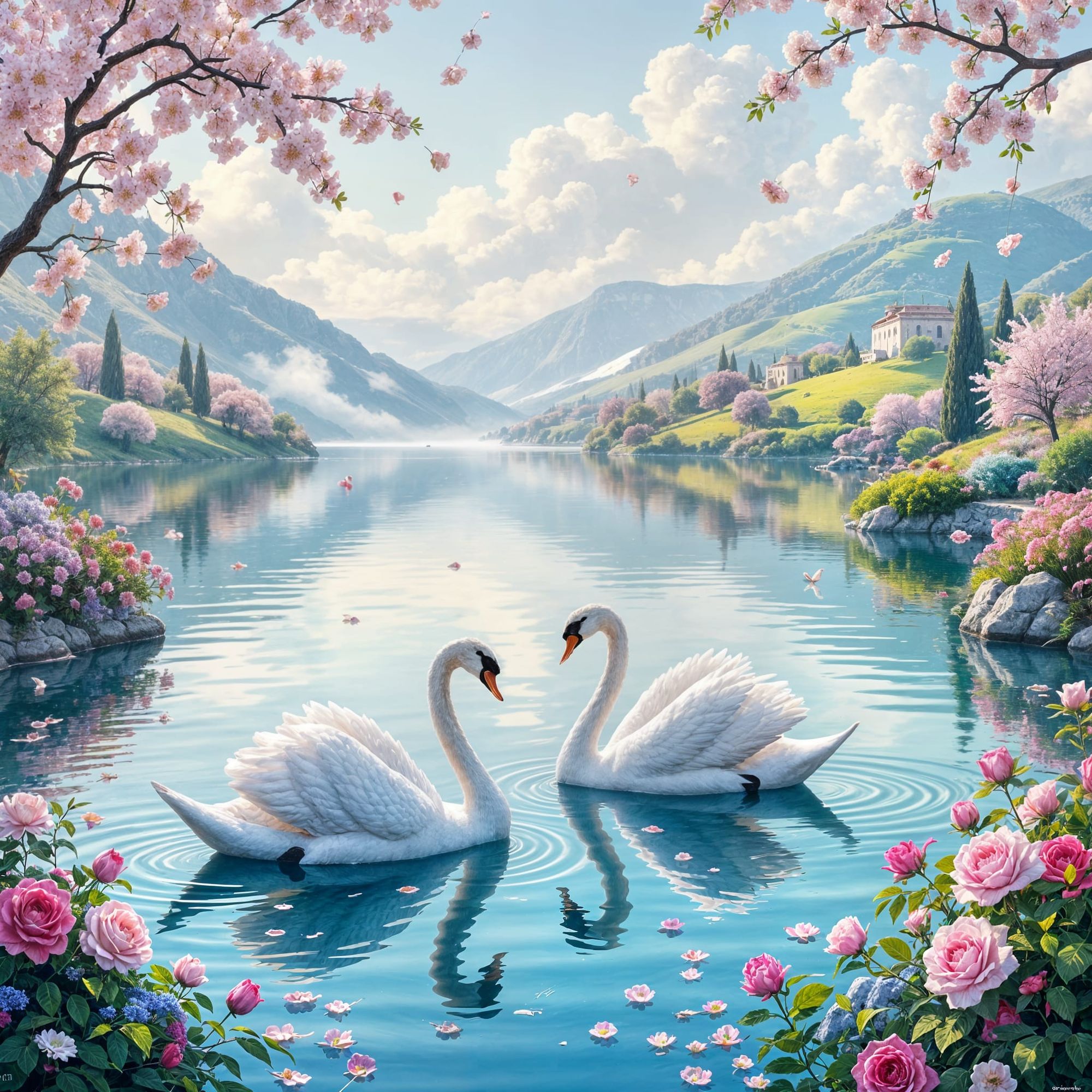 סצנת אגם חלומית ורומנטית. ברבורים לבנים גולשים באלגנטיות על פני אגם צלול, מוקף בגבעות עדינות וגנים פסטליים פורחים. ערפל רך עולה מהמים, עלי כ...