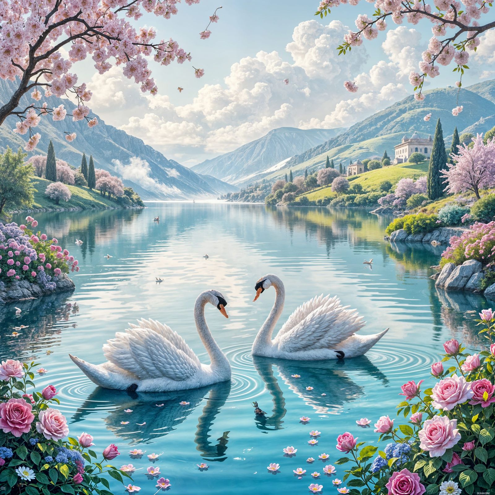Dreamy Romantic Lake Scene with Swans