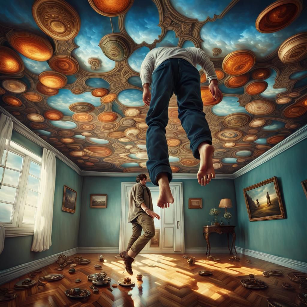 A man walks feets on the ceiling. Floating objects Everything is upside ...